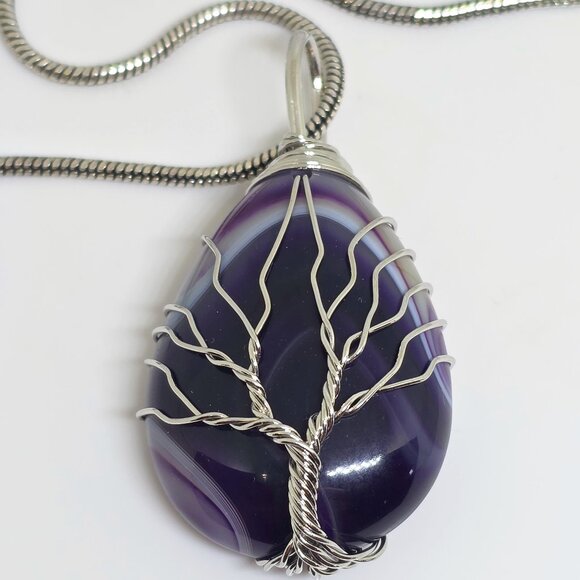 Fashion Jewelry Jewelry - Tree of Life Silver Wrap Teardrop Purple Amethyst Teadrop Agate Pendant Necklace